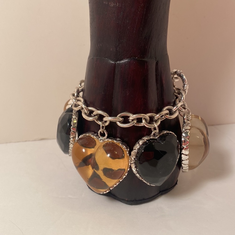 Pinup , leopard print charm bracelet, heart bracelet, retro jewelry, puffy charm